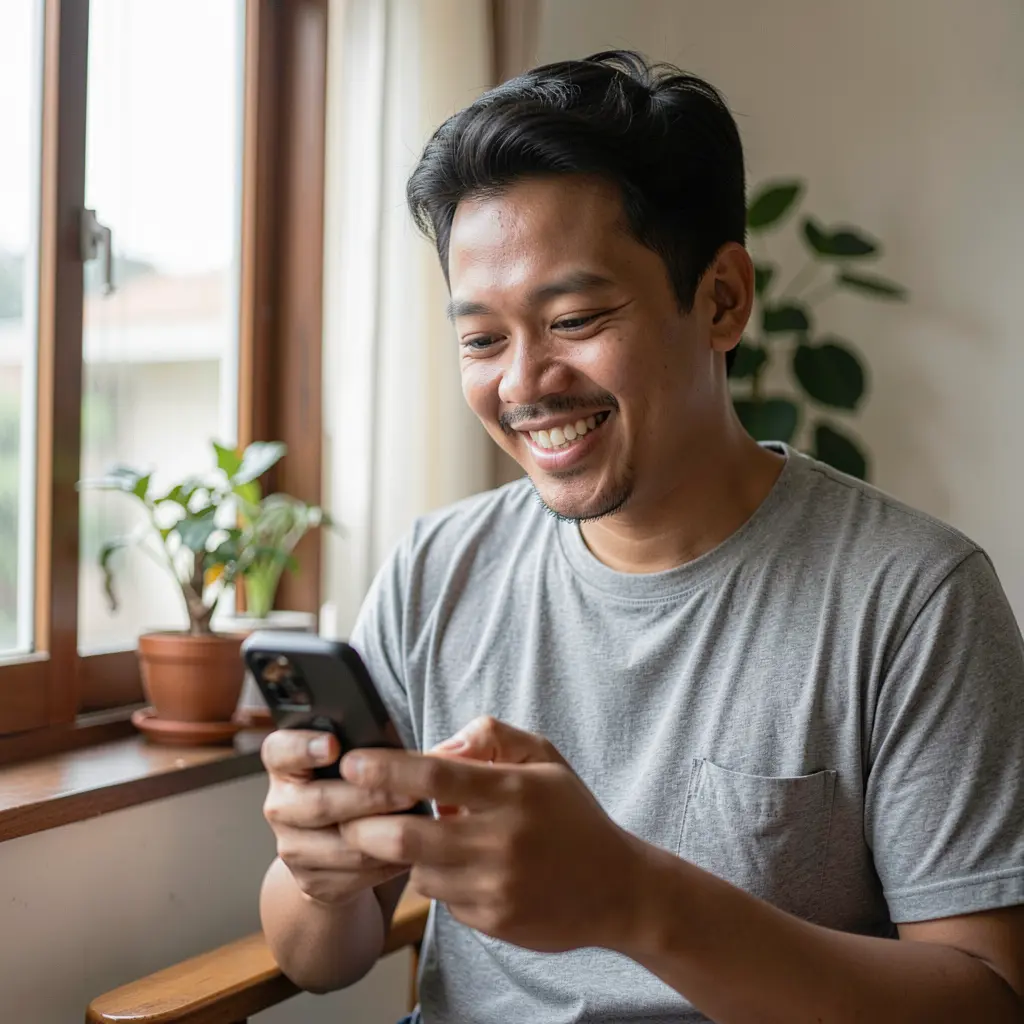 PHH1 App – Enjoy a smooth and user friendly mobile casino experience in the Philippines Smiling Filipino man looking at his smartphone while using the PHH1 mobile casino app in a bright and natural home environment