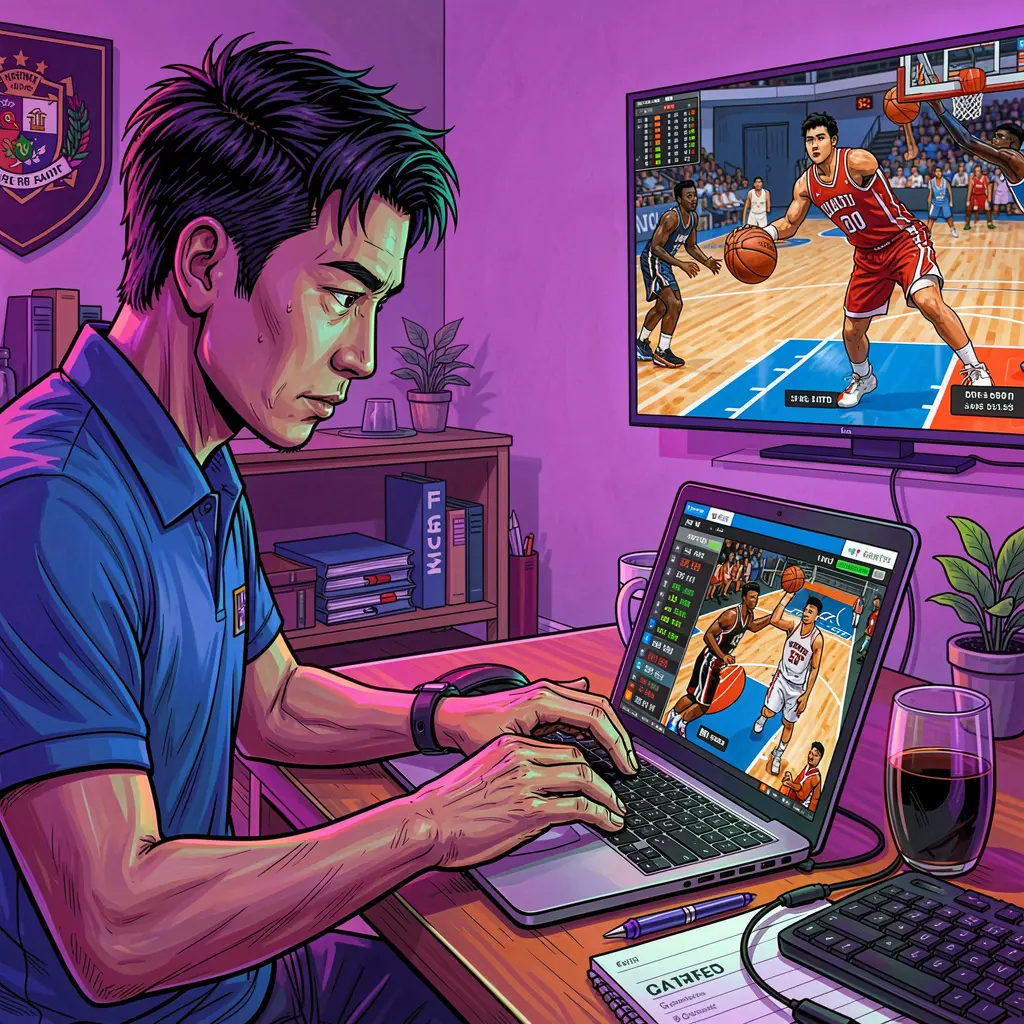 PHH1 Bet – Experience fast and reliable live sports betting in the Philippines Focused Filipino sports bettor placing live basketball wagers on a laptop while watching the game on TV using the PHH1 betting platform