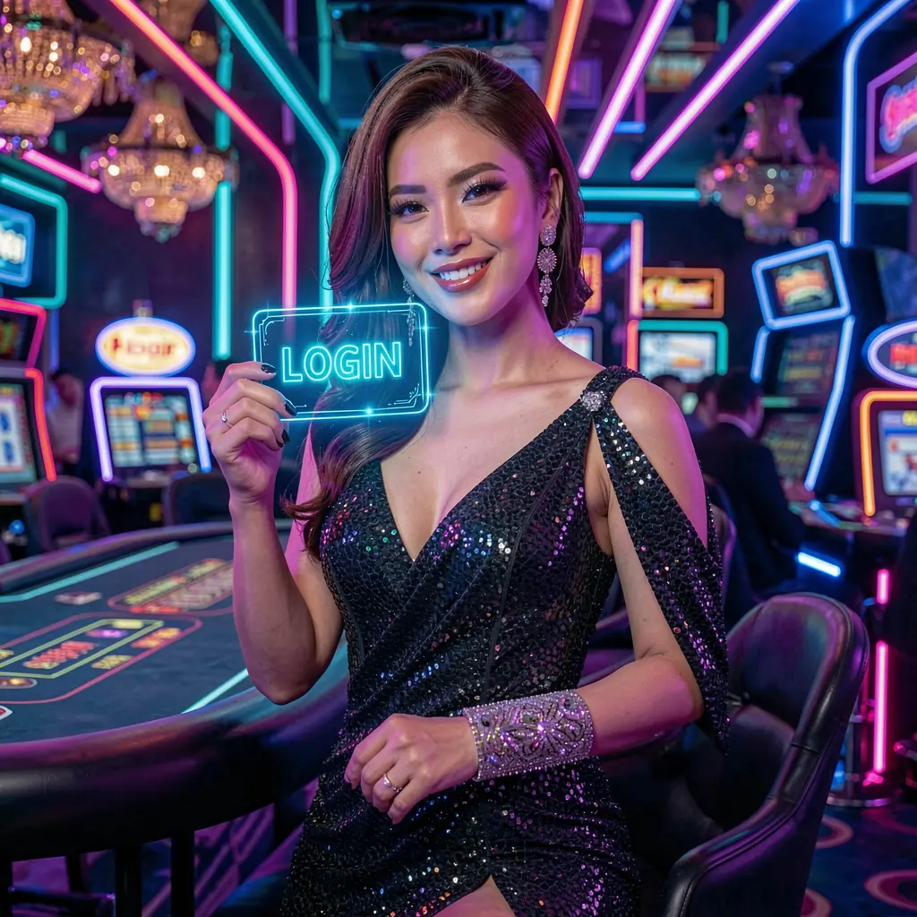 PHH1 Login – Secure and stylish access to your casino account in the Philippines Elegant Filipino woman holding a glowing login card in a futuristic casino environment with neon lights at PHH1 Casino