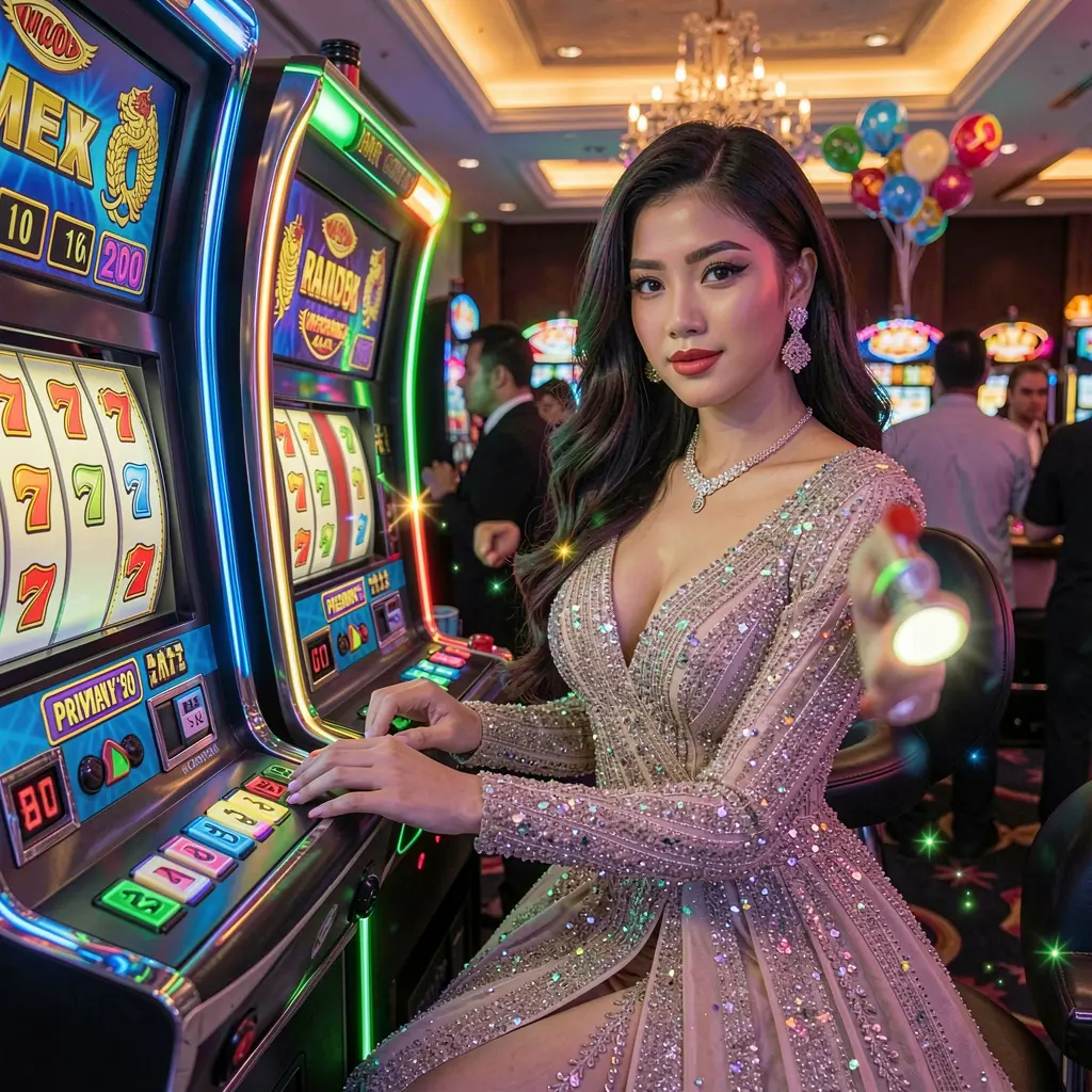 Elegant woman in a red evening dress standing beside glowing slot machines in a luxury casino atmosphere highlighting the premium slot experience at PHH1 for players in the Philippines